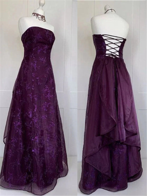 Gothic Purple Strapless A-Line Evening Dress, Strapless Floral Lace Long Prom Dress Party Dress