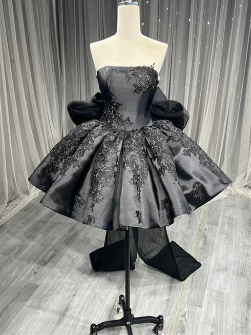 Elegant Black Strapless Satin Short Party Dress with Bow, Black Homecoming Dress Formal Dress
