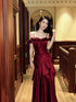 Wine Red Straps A-line Long Prom Dress Party Dress, Wine Red Satin Evening Dress