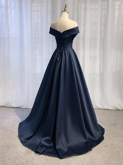 A-line Navy Blue Satin Off Shoulder Long Party Dress, Navy Blue Prom Dress Evening Dress