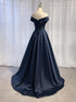 A-line Navy Blue Satin Off Shoulder Long Party Dress, Navy Blue Prom Dress Evening Dress