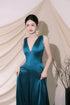 Blue Satin Halter A-line Low Back Floor Length Party Dress, Teal Blue Evening Dress Prom Dress