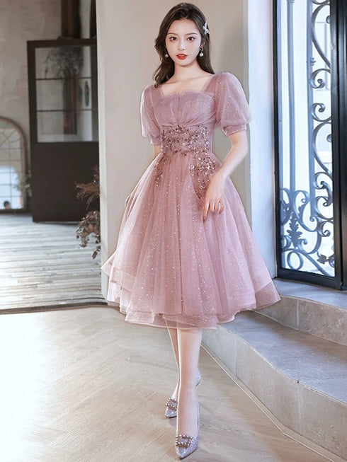 Dark Pink Short Sleeves Tulle with Lace Homecoming Dress, Pink Tulle Short Prom Dress