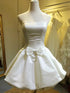 White Satin Scoop Knee Length Party Dress with Bow, White Satin Graduation Dress