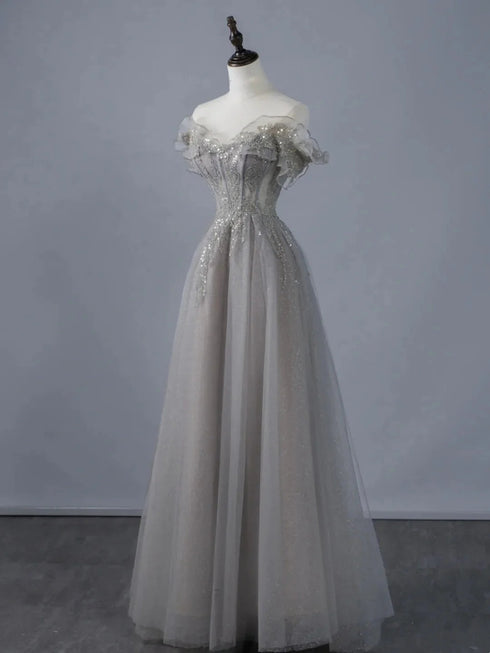A-line Grey Tulle Sweetheart Long Prom Dress with Lace Applique, Grey Long Evening Dress Party Dress