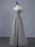 A-line Grey Tulle Sweetheart Long Prom Dress with Lace Applique, Grey Long Evening Dress Party Dress