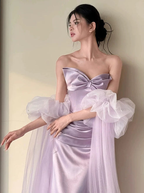 Light Purple Satin Sweetheart Chic Long Evening Dress, Light Purple Long Prom Dress