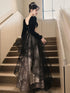 A-line Black Tulle with Lace Applique Party Dress, Black Velvet Long Sleeves Prom Dress