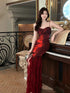 Wine Red Mermaid Satin with Chiffon Long Evening Dress, Wine Red Satin Long Prom Dress