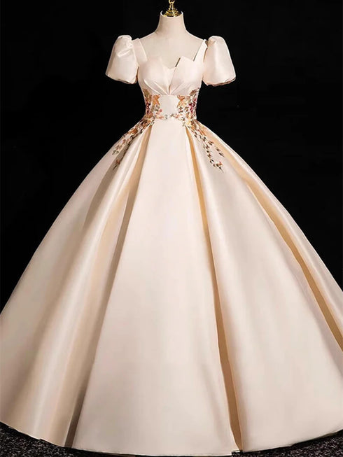 Champagne Satin Short Sleeves A-Line Party Dress, Champagne Satin Long Evening Dress