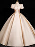 Champagne Satin Short Sleeves A-Line Party Dress, Champagne Satin Long Evening Dress