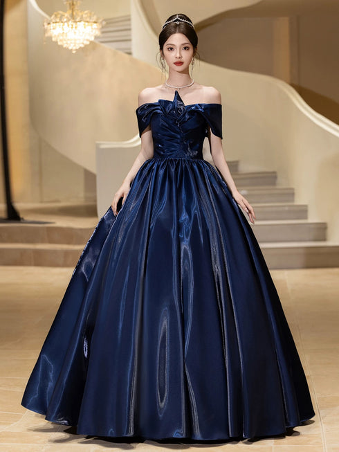 Navy Blue Off Shoulder Satin Floor Length Prom Dress, Navy Blue Sweetheart Evening Dress