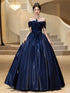 Navy Blue Off Shoulder Satin Floor Length Prom Dress, Navy Blue Sweetheart Evening Dress
