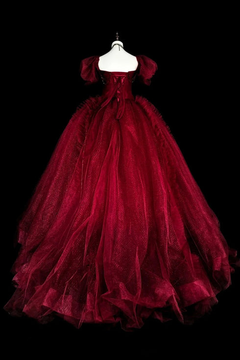 Wine Red Tulle Beaded Short Sleeves Long Formal Dress, Wine Red Ball Gown Prom Dress