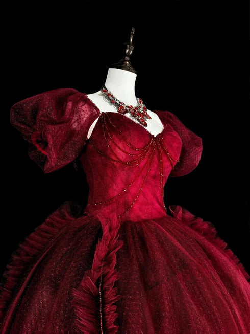 Wine Red Tulle Beaded Short Sleeves Long Formal Dress, Wine Red Ball Gown Prom Dress