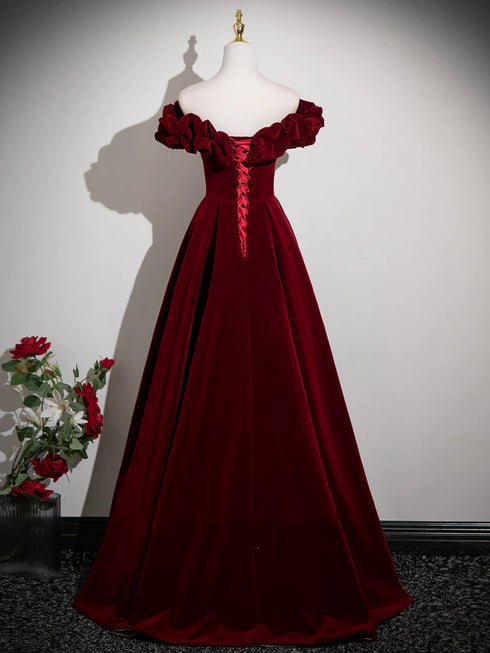 Wine Red A-line Off Shoulder Velvet Floor Length Prom Dress, Wine Red Wedding Party Dress