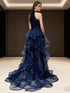 A-line Navy Blue Sequins and Tulle Party Dress, Navy Blue Halter Long Prom Dress