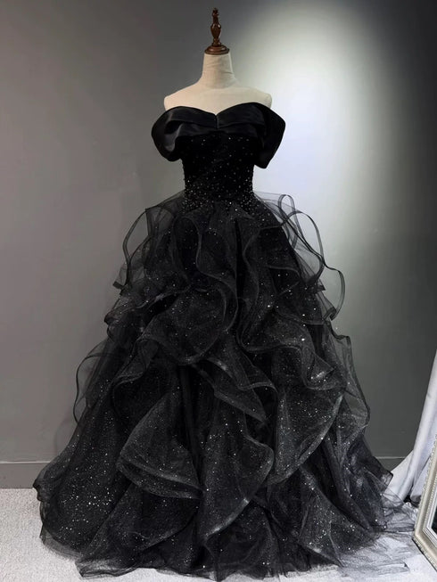 A-line Black Tulle Layers Beaded Off Shoulder Party Dress, Black Tulle Evening Dress Prom Dress