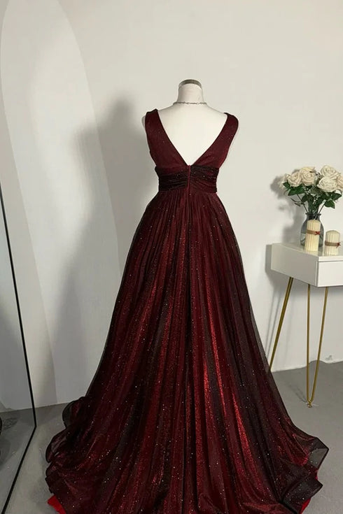 A-line Black and Red V-neckline Tulle Floor Length Party Dress, Black and Red Prom Dress
