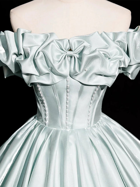Green Satin Off Shoulder A-line Floor Length Party Dress, Green Satin Off Shoulder Prom Dress