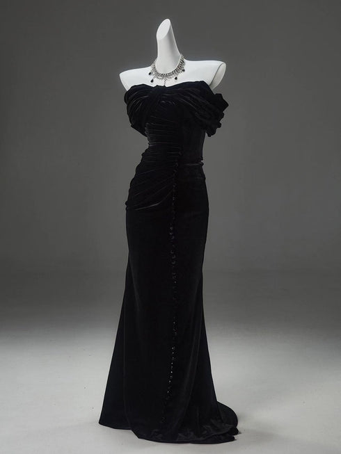 Black Velvet Mermaid Off Shoulder Long Evening Dress, Black Velvet Prom Dress Party Dress