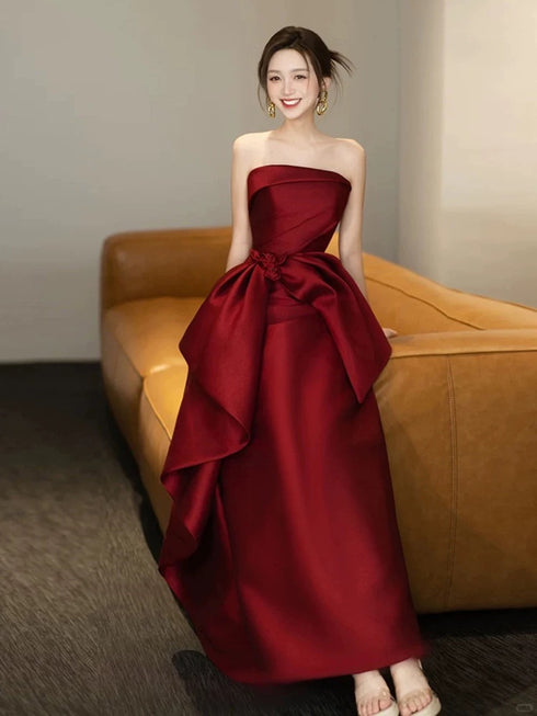 Wine Red Strapless A-line Satin Floor Length Party Dress, Wine Red Satin Evening Dress
