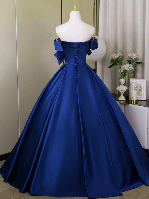 Blue Satin Flowers Long Prom Dress Evening Dress, Blue Satin Off Shoulder Formal Dress
