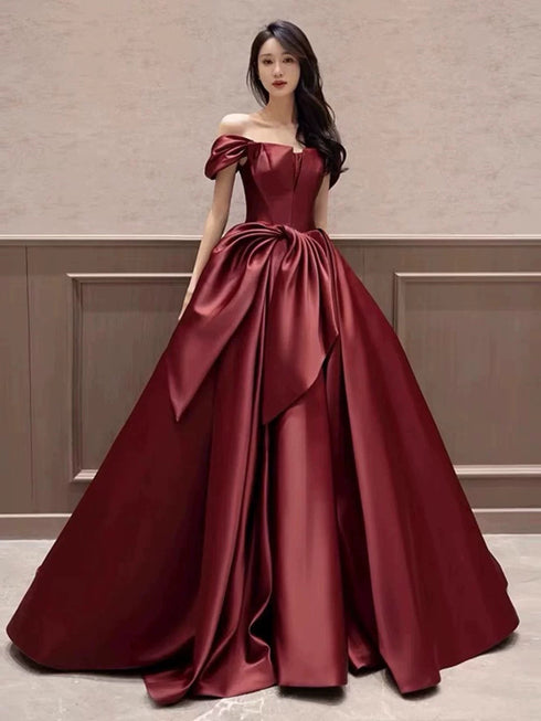 Wine Red Satin A-line Floor Length Off Shoulder Party Dress, Wine Red Long Prom Dress