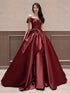 Wine Red Satin A-line Floor Length Off Shoulder Party Dress, Wine Red Long Prom Dress