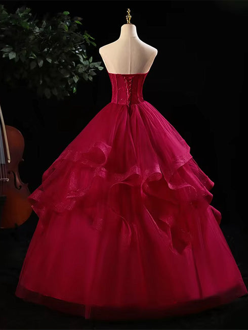 Wine Red Tulle A-line Beaded Straps Evening Dress, Wine Red Tulle Long Prom Dress