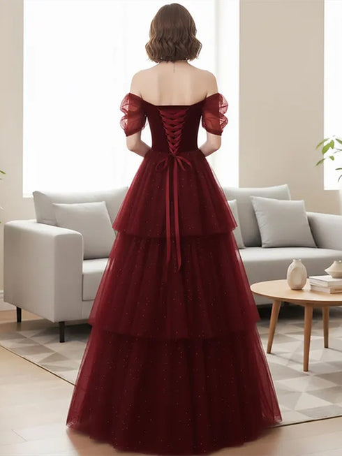 Wine Red Tulle Layers A-line Off Shoulder Prom Dress, Wine Red Tulle Long Party Dress
