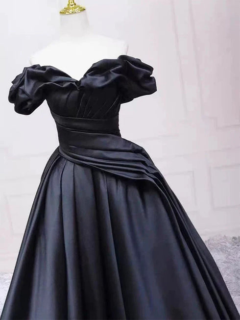 Black Satin Off Shoulder Sweetheart Long Party Dress, Black Satin Prom Dress