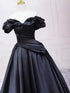 Black Satin Off Shoulder Sweetheart Long Party Dress, Black Satin Prom Dress