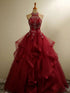 Wine Red Ball Gown Sweet 16 Dress, Halter Neck Tiered Tulle Quinceañera Gown