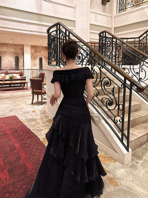 Black Off Shoulder Satin Layers Long Formal Dress, Black Satin V-neckline Prom Dress