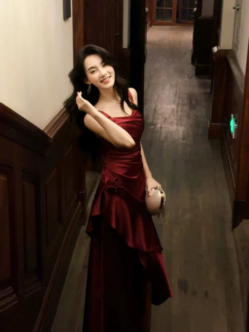Wine Red Satin Straps Floor Length Formal Dress, Wine Red Satin Evening Dress Prom Dress