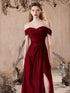 Wine Red Satin A-line Floor Length Party Dress, Off Shoulder Sweetheart Long Prom Dress