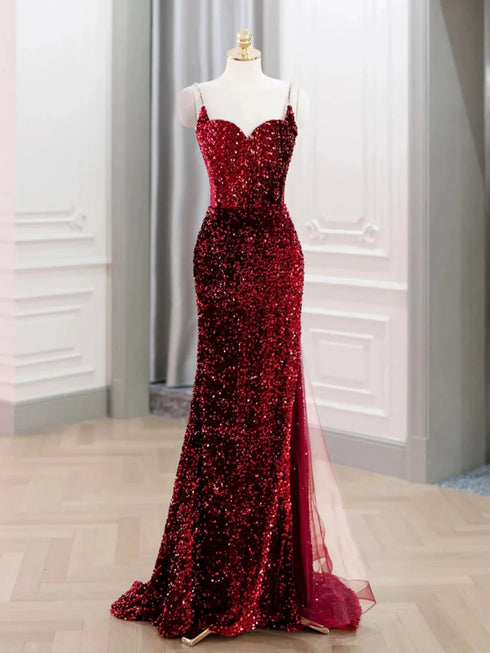 Wine Red Sequins Mermaid Straps Long Formal Gown, Wine Red Sequins Long Prom Dress