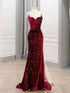 Wine Red Sequins Mermaid Straps Long Formal Gown, Wine Red Sequins Long Prom Dress