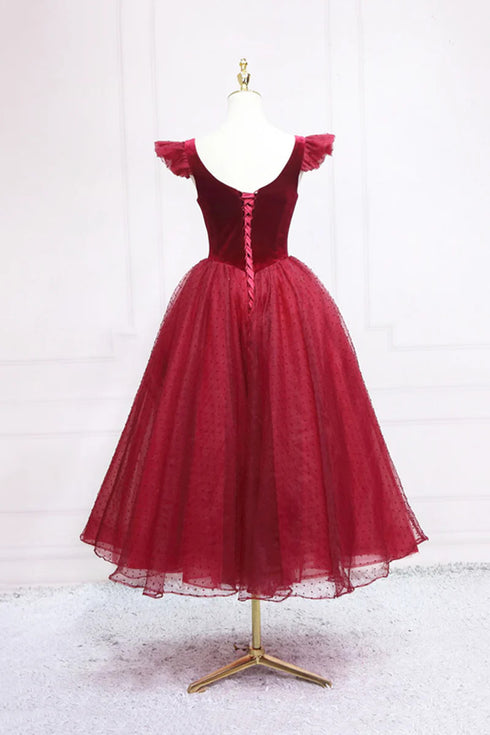 Wine Red Velvet Tea Length Round Neckline Formal Dress, Wine Red Velvet Prom Dress