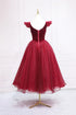 Wine Red Velvet Tea Length Round Neckline Formal Dress, Wine Red Velvet Prom Dress