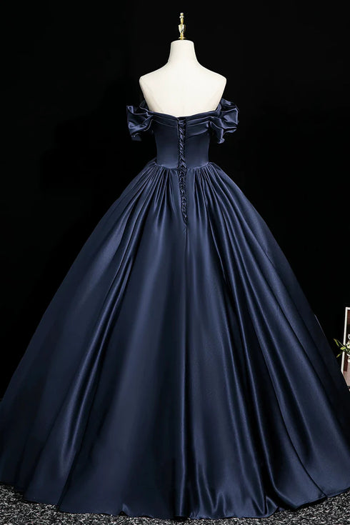 Navy Blue Sweetheart Satin Long Party Dress, Off Shoulder A-line Blue Long Formal Dress
