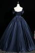 Navy Blue Sweetheart Satin Long Party Dress, Off Shoulder A-line Blue Long Formal Dress
