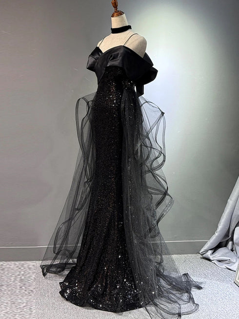 Black Tulle and Sequins Off Shoulder Long Evening Dress, Black Off Shoulder Formal Dress Prom Dress