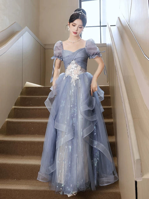 A-Line Blue Tulle With Lace Applique Formal Dress, Blue Tulle Short Sleeves Long Prom Dress