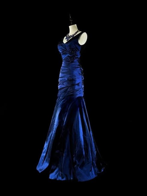 Blue V-Neckline Mermaid Taffeta Long Evening Dress, Blue Charming Floor Length Prom Dress