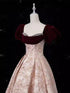 A-line Pink Floral Beaded Short Sleeves Prom Dress, Pink Floor Length Evening Dress