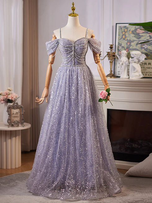 A-line Sliver Grey Beaded Shiny Tulle Long Formal Dress, Sweetheart Tulle Prom Dress