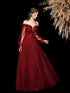 Wine Red Tulle Puffy Sleeves Sweetheart Long Formal Dress, Wine Red Long Prom Dress