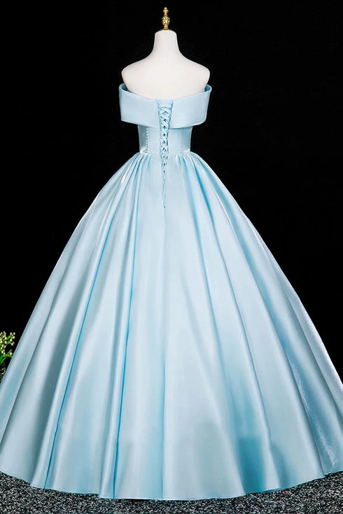 A-line Blue Satin Off Shoulder Prom Dress, Blue Simple Floor Length Evening Dress